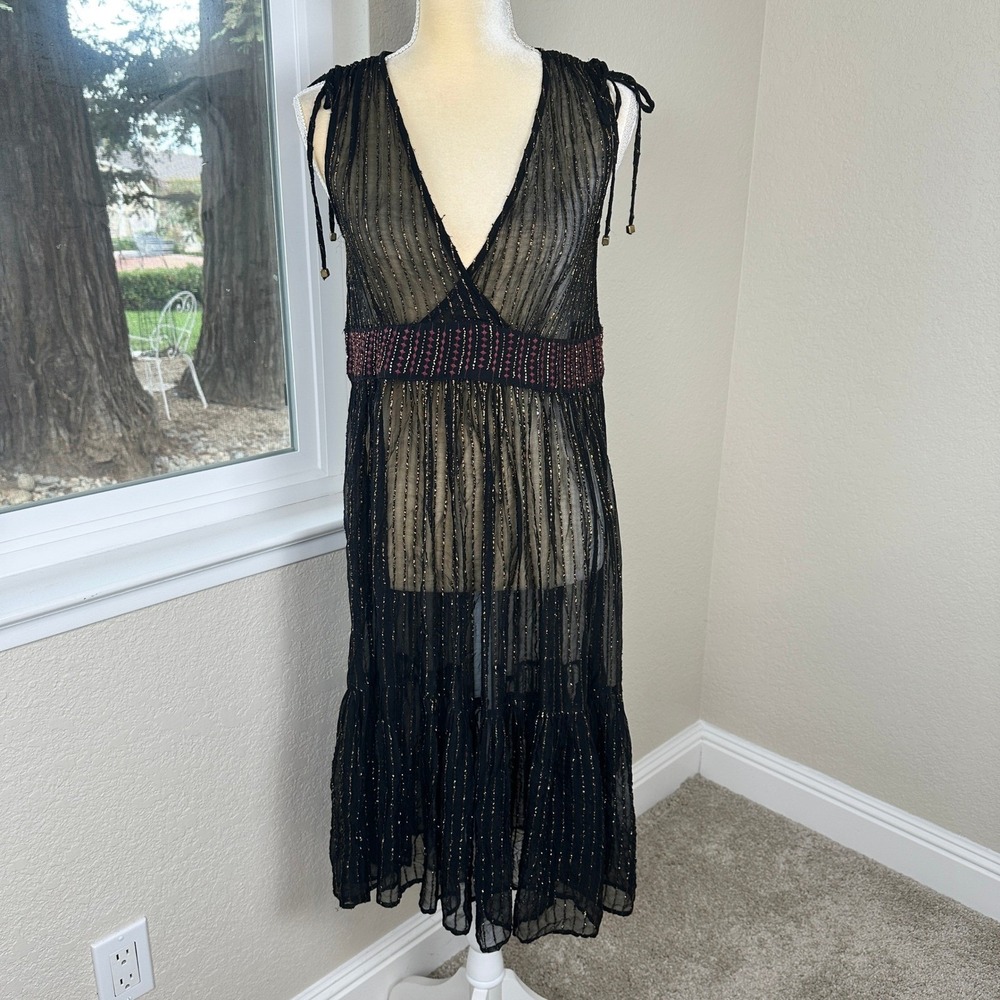 Anthropologie Floreat Annecy Sheer Beaded Metallic Midi Dress Womens 0 Boho Chic